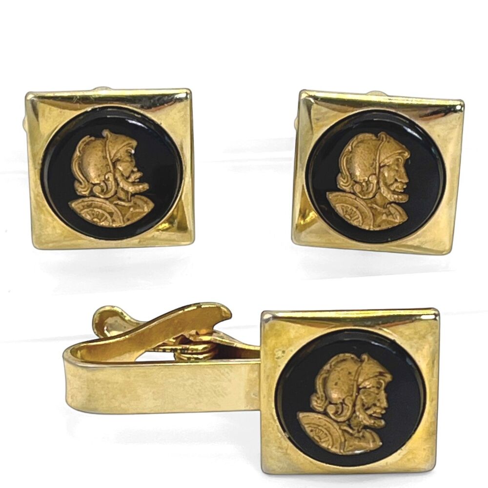 Vintage Gladiator Warrior Cufflinks Tie Clip Set Gold Tone Black Intaglio Cameo